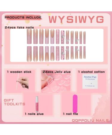 Long Pink XXL Press-On Nails | Square Fake Nails with 3D Butterfly & Flower Designs | Full Cover | 24pcs Light Pink & Nude | Perfect for Women & Girls - Buy Online on GoSupps.com