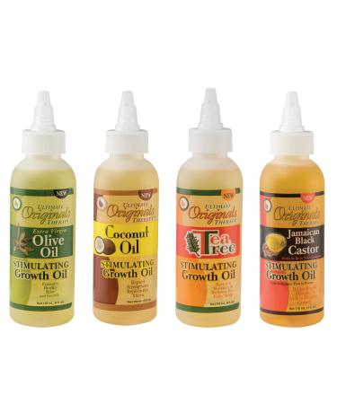 Originals by Africa's Best Stimulating Growth Oils Bundle includes: Jamaican Black Castor Oil Growth Oil Coconut Oil Growth Oils Tea Tree Oil Growth Oils Olive Oil Growth Oils Green 4 Packs