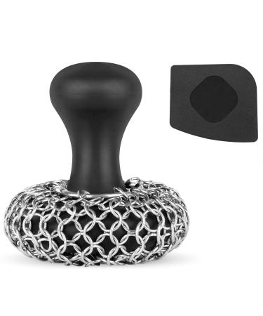 Cast Iron Scrubber + Pan Scraper - 316 Chainmail Scrubber with Silicone Handle Cast Iron Cleaner for Cast Iron Grill Pan Skillet Wok Bakeware - Comfortable to Hold - Easy to Use Dishwasher Safe, Black
