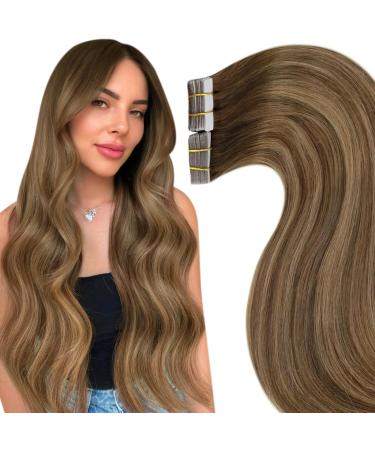 Laavoo 60cm real hair Extensions tape ombre brown hair extension real hair tapes balayage brown light blonde 20 pieces 50g tape in human hair extensions #8/16/8 60cm-20pcs 1.5 #8/16/8