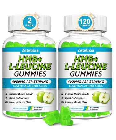 HMB and L-Leucine Gummies 4000mg HMB and Leucine Supplements Amino Acid Gummies for Men & Women Support Muscle Growth Muscle Relief and Workout Recovery Sugar-Free Vegan Apple Flavor 120 Count 60 Count (Pack of 2)