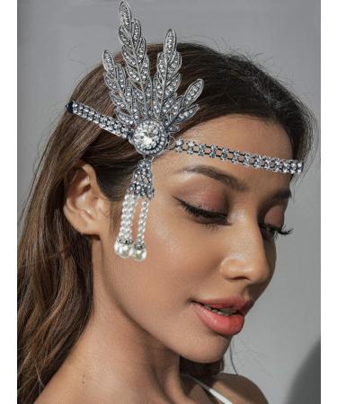 Aukmla 1920s Flapper Headband Leaf Rhinestones Headpiece Pearl Headdress Great Gatsby Hair Accessories for Women and Girls (Silver)