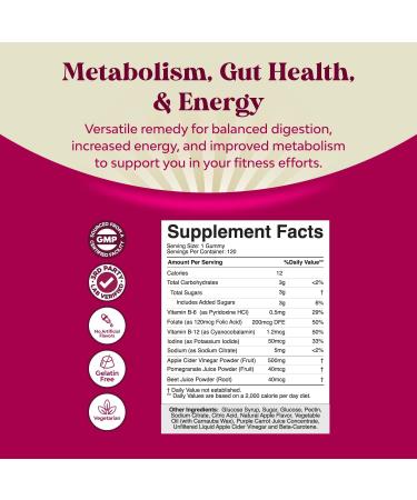 Apple Cider Vinegar Gummies with Mother - Natural Energy & Immune Support - 120ct Pack with Beet Root Powder - Body Cleanse & Gut Health Supplement - Buy Online on GoSupps.com