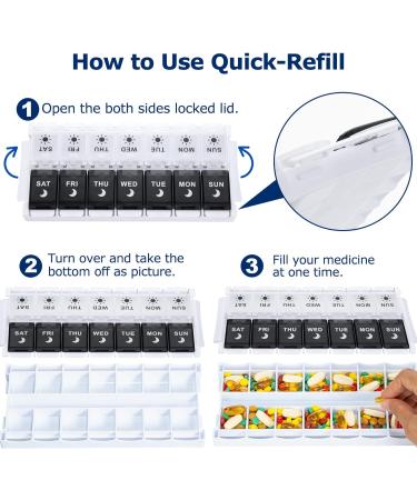 7 Day AM PM Pill Organizer - 14 Day Weekly Pill Box for Fish Oil/Supplements - Easy Fill & Push Button Design - Large Compartment Daily Pill Case - Black+White - Buy Online on GoSupps.com
