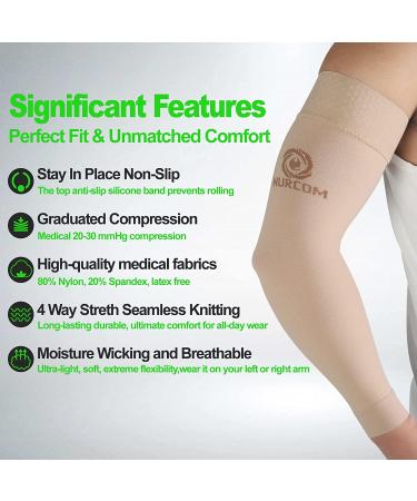 NURCOM Medical Compression Arm Sleeve 2 Pack - 20-30mmHg Full Arm Support for Men Women - Lymphedema, Lipedema, Pain Relief - Post Surgery Recovery - Beige M Medium - Buy Online on GoSupps.com