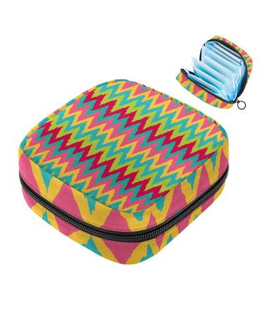 Menstruation pad bag with zipper women's napkin bag tampons collection bags for women and girls (yellow pink blue green zigzag pattern)