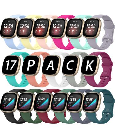 Huadea 17 Pack Compatible with Fitbit Sense Bands/Fitbit Versa 3 Bands, Soft Silicone Adjustable Strap Waterproof Sport Wristband Replacement for Fitbit Sense/Versa 3 Bands Women Men Large 17 pack-A