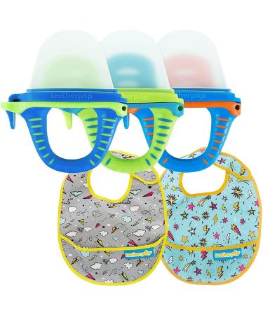 teetherpop Teething Toys for Babies - Bundle 3 teetherpop Fillable Freezable Teethers and 2 teetherpop Baby Bibs Blue Paper Planes Shooting Stars