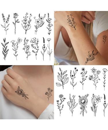 Cerlaza 75 Tiny Black Flower Temporary Tattoos - Realistic Wild Floral Designs for Women - 16 Sheets Small Fake Tattoos for Face, Hands, Legs, and Body - Buy Online on GoSupps.com