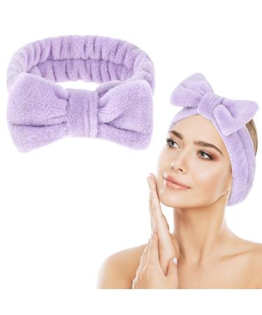 Spa Bowknot headband women spa hair band cosmetics coral fleece makeup hair bands elastic cosmetic headband wide -clamp coral fleece washing face head wrap for shower skin care (violet)