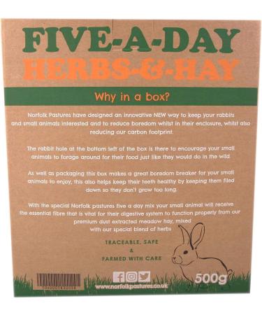 Norfolk Pastures Five a Day Herbs & Hay 5 x 500g For Rabbits & Small Animals A Blend of Naturally Sun-Dried Dust Extracted Hay Mixed with Five Naturally Beneficial Herbs - Buy Online on GoSupps.com