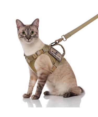 SALFSE Tactical Cat Harness and Leash, Escape Proof Large Cat Walking Vest,Adjustable Soft Mesh Pet Vest Harness with Control Handle, Molle Patches Large Khaki