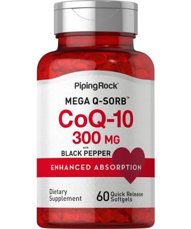 Piping Rock CoQ10 300mg Softgels | 300mg Per Capsule | 60 Pills | with Black Pepper | Coq10 Coenzyme Supplement | Mega Q-Sorb Enhanced Absorption | Non-GMO Gluten Free