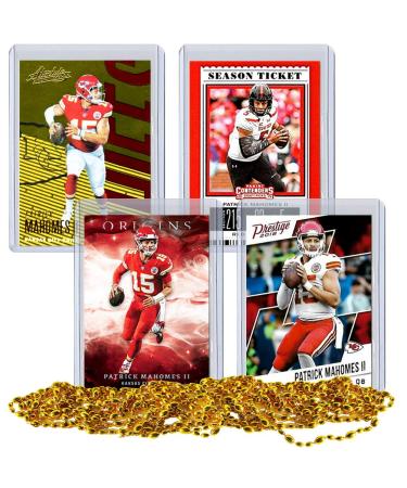 Patrick Mahomes Football Card Bundle, Set of 4 Assorted Kansas City Chiefs and Texas Tech Red Raiders Mint Football Cards Gift Set of MVP Quarterback Patrick Mahomes, Protected by Sleeve and Toploader