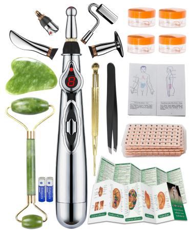 Acupuncture Super Set: 5-Head Electronic Acupuncture Pen+ Gua Sha Tool+600 Ear Seeds+ Retractable Acupuncture Pen+ 4 x Extra Massaging Gel+ Tweezers+ Manual+ Batteries + 2 x Acupoint Chart Acupuncture Set(with Chart)