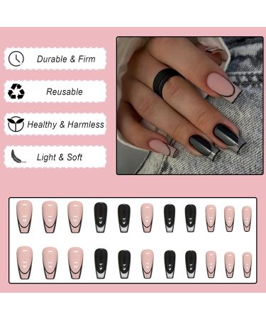 Ceboic 24Pcs Square False Nails Medium Black Pink French Press on Nails | Nude Removable Glue Stickers | Ballerina Acrylic Full Cover Stick on Nails for Women and Girls - Black & Pink - Buy Online on GoSupps.com