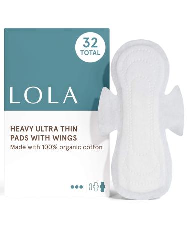 LOLA Ultra Thin Menstrual Pads with Wings, Heavy Absorbency - 32 Count - Organic Cotton Topsheet & Core, Natural Ingredients, Chlorine & Toxin Free, Powerful Leak Protection - BPA Free 16 Count (Pack of 2) Heavy