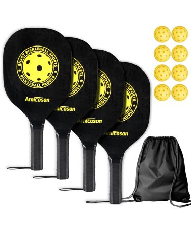 Amicoson Pickleball Paddles - Pickleball Set of 4 Paddles, Indoor & Outdoor Pickleball Balls, Pickleball Paddle Set of 4 Wood Pickleball Racket Ergonomic Cushion Grip, 8 Pickleball Balls & 1 Carry Bag black