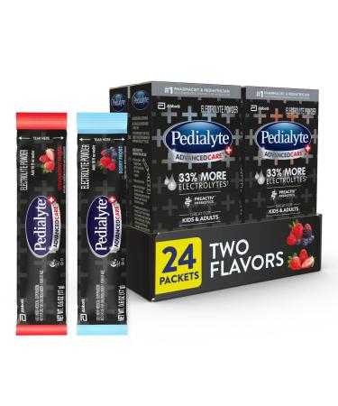 Pedialyte AdvancedCare Plus Electrolyte Powder Has 33% More Electrolytes and PreActiv Prebiotics Variety Pack: Berry Frost and Strawberry Freeze 24 Powder Packets Variety 24 Count