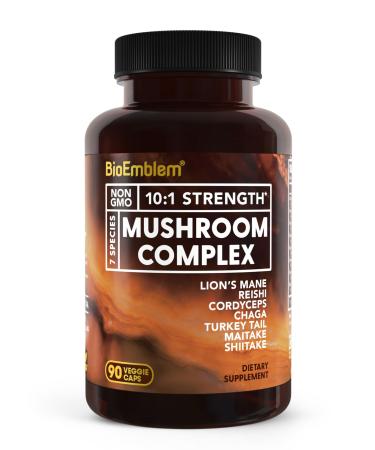 BioEmblem Mushroom Complex - 10:1 Strength and 7 Species - Lions Mane Reishi Cordyceps Chaga Maitake Shiitake Mushroom Supplement - Immunity Energy & Focus Brain - Non-GMO Vegan - 90 Caps