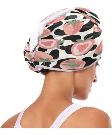 Cow Print Strawberry Dry Hair Cap & Towel Set | Quick Drying Soft Super Absorbent | 2 Pieces with Button Headband - Perfect for All Hair Types - Buy Online on GoSupps.com
