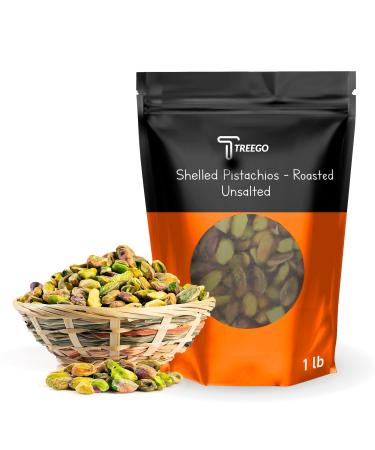 Roasted, Unsalted Pistachios No Shell - 1lb Bag by Treego, Fresh & Tasty California Grown Kernels- Natural & Healthy Pistachio Nut Snack Containing Fiber, Protein, Vitamins, Antioxidants for Keto, Vegan, Plant-Based Diet, Kosher 1 Pound