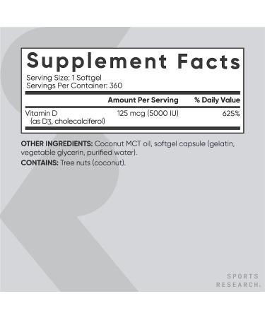 Sports Research Vitamin D3 125 mcg (5000 IU) - 360 Softgels for Immune Support - Buy Online on GoSupps.com