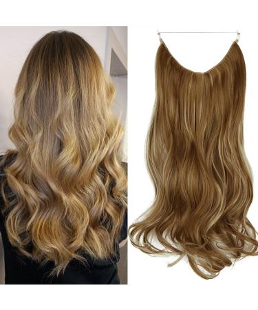 OMGREAT Long Halo Hair Extensions Highlight 20 Inch Wavy Curly Synthetic Hair Piece for Women Transparent Wire Headband Heat Friendly Fiber 4.4 Oz No Clip (Ginger Brown Mix Bleach Blonde) 20Inch&Curly Ginger Brown Mix Bleach Blonde