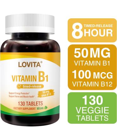 LOVITA Vitamin B1 (Thiamine) 50mg Timed Release 8 Hours Sustained with Vitamin B12 100mcg Support Metabolism & Nerve Health 130 Vegan Tablet - Buy Online on GoSupps.com