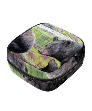 Menstruation pad bag with zipper women's napkin bag tampons collective bags for women and girls (black bear families)