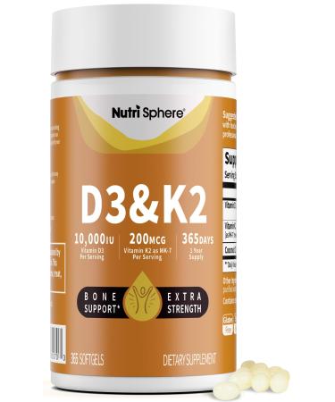 NutriSphere Vitamin D3 & K2 (MK-7) - 10 000 IU + 200 mcg Supplement D&K Easy to Swallow Supports Calcium Absorption - 365 Softgels (1 Year Supply)