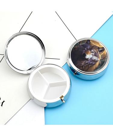 Round Pill Box with Wolves & Dream Catchers | 3 Compartment Decorative Metal Organizer - Portable Pocket Pill Case - Buy Online on GoSupps.com