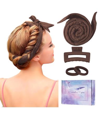 Lock winder curls without heat improved 60 "Extra -long Heatless Curls Band curlers without heat overnight diy hair curler set hair band wave formers for medium long hair (brown)