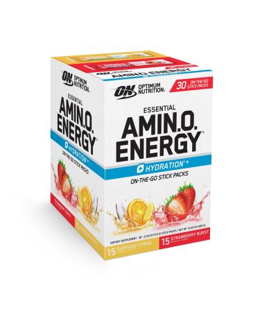 Optimum Nutrition Essential Amino Energy Plus Electrolytes Stick Packs Energy Powder Surfside Citrus and Strawberry Burst 30 Count