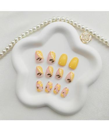 Acrylic Press on Nails - Short Round Lemon Design Fake Nails | 24 Pcs Glossy Yellow Full Cover Stick-ons for Women - Buy Online on GoSupps.com