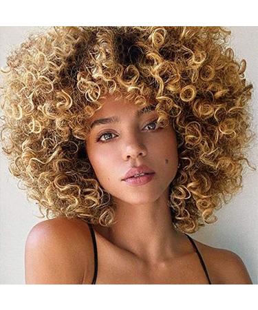 Colourfulpanda afro wig brown blond brazilian synthetic brazilian confused natural hair for women kinky curly with pony short wigs for black women (brown blond)