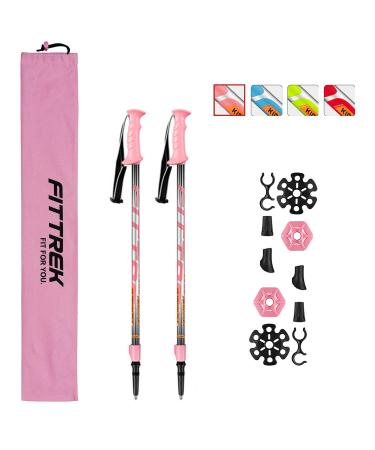 FitTrek hiking sticks children - trekking sticks - Walking sticks telescopic - Nordic walking stock adjustable easy with rubber buffer pads and bag children pink