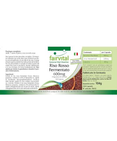 Fairvital Fermented Red Rice 600mg Capsules | High-Dosage Monascus purpureus with 2.95mg Monacolin K | Vegan | 120 Capsules - Buy Online on GoSupps.com