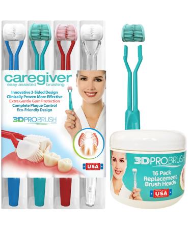 3D Pro Brush | Caregiver 3-Sided Toothbrush + 16PK Replacement Heads | Assisted Brushing for Autism Special Needs Disabilities Seniors & Dexterity Three U-Shaped Triple Clean Soft | Made in the USA