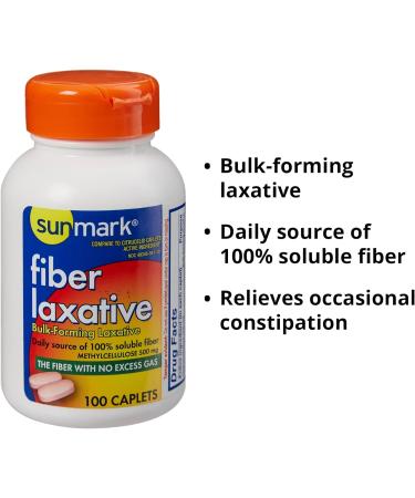 Sunmark Fiber Laxative Caplets - 500mg Bulk-Forming Constipation Relief - 100 Count Bottle - Buy Online on GoSupps.com