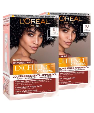 2 x L'Or al Paris Excellence cream permanent hair color universal nude black 1U triple treatment - 2 hair colors 2 x black 1U