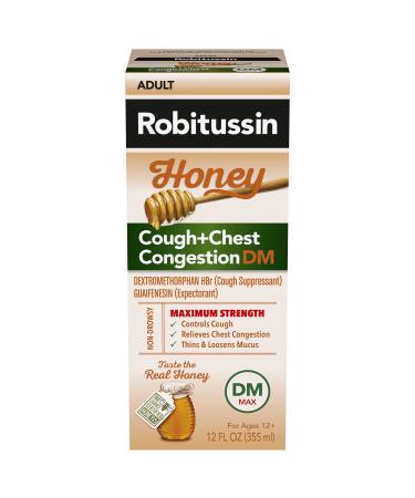 Robitussin Maximum Strength Honey Cough + Chest Congestion DM, Cough Medicine for Cough and Chest Congestion Relief Made with Real Honey- 12 Fl Oz Bottle