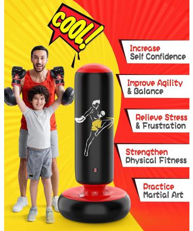 QPAU 66 Inch Inflatable Punching Bag for Kids | Ideal for Karate, Taekwondo, MMA | Energy-Relieving Gift for Boys & Girls 5-12 | Black - Buy Online on GoSupps.com
