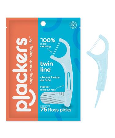 Plackers Twin-Line Dental Flossers, Cool Mint Flavor, Dual Action Flossing System, Easy Storage, Super Tuffloss, 2X The Clean, 75 Count 75 Count (Pack of 1)