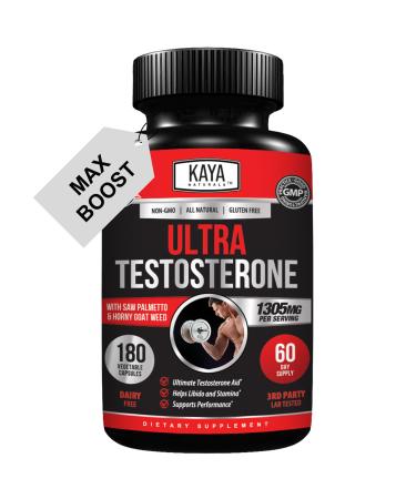 Kaya Naturals UltraTest- Men's T Booster with Tongkat Ali Horny Goat Weed Tribulus - Natural Workout Supplement for Energy Stamina and Strength Booster - 180 Count 180 Count (Pack of 1)