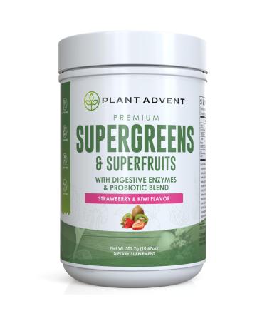 Plant Advent Premium Supergreens and Superfruits Powder with Digestive Enzymes and Probiotics (Strawberry & Kiwi). Manufactured by NutriDyn.