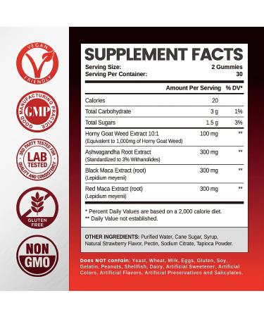 Horny Goat Weed Gummies 1000mg with Maca & Ashwagandha - Natural Energy Boost for Men & Women - Vegan - 120 Chewables - Buy Online on GoSupps.com