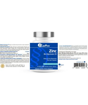 CanPrev Zinc Bis-Glycinate 25mg 60 Capsules 60-Day Supply - High Absorption Zinc Glycinate Supplement - Elemental Zinc Supports Immune Function & Skin Vitality Easy-on-the-Stomach - Zinc Supplement - Vegan Friendly - Buy Online on GoSupps.com