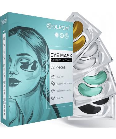 Olrom Collagen-Enriched Eye Mask - 16 pairs with 24k Gold, Dead Sea Minerals, Coconut Milk Protein and Aloe Vera under eye patches - Hydrating Hyaluronic Acid for Dark Circles & Puffiness