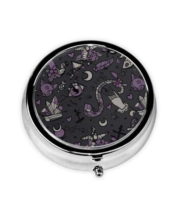 Purple Black Goth Spooky Portable Metal Pill Box Round Mini 3-Compartment Plastic Insert hinged Fastening Design Suitable for Small Pills Must-Have for Travel